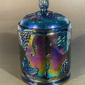 Vintage Indiana Carnival Glass Blue Harvest Grape 7" Canister/Candy Jar (1305)